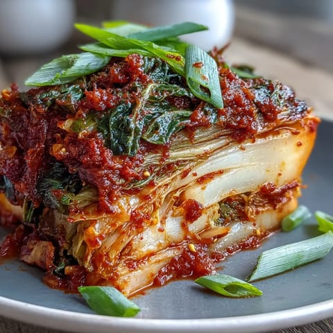 Vibrant kimchi in jar, showing spicy red chili flecks on crisp cabbage.