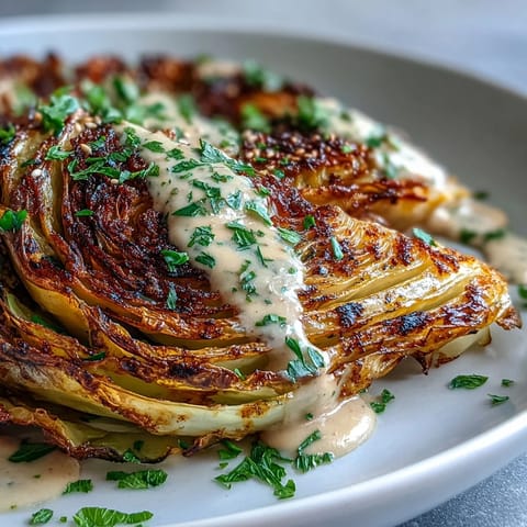 Caramelized cabbage steaks, perfectly seasoned, topped with bright herbs and tahini sauce.