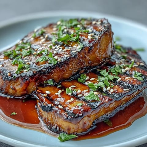 Roasted Miso Glazed Eggplant, brushed with a sweet umami glaze, garnished with sesame seeds.