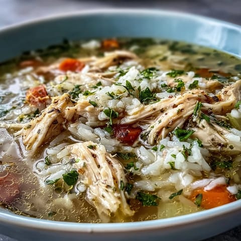 Homemade Cozy Winter Chicken and Rice Soup in a rustic bowl, garnished with fresh parsley and lemon for a bright finish.