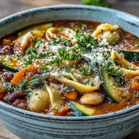 Bowl of classic Vegetable Minestrone served with crusty bread, topped with fresh parsley and Parmesan cheese.