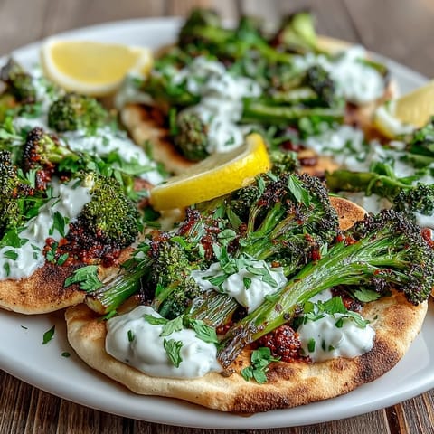 Golden roasted broccoli florets coated in spicy harissa sauce are piled high on warm flatbreads ready to serve.