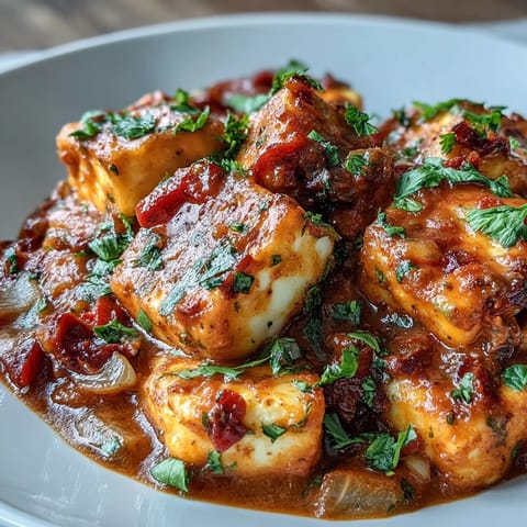 Spiced tomato and coconut curry with halloumi served over fluffy basmati rice on a plate.