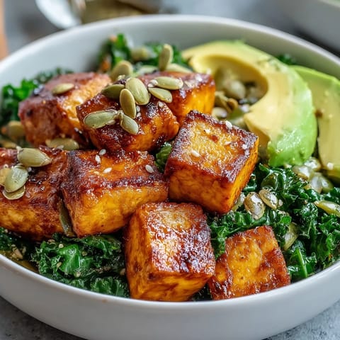 A nourishing Tofu Breakfast Bowl with Avocado and Kale, topped with pumpkin seeds and fresh lemon wedges.