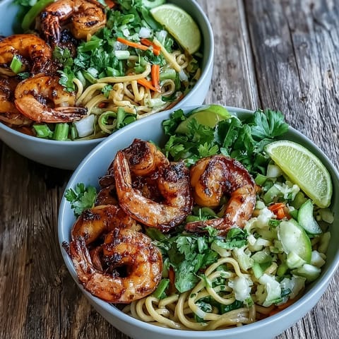 Vibrant bowl of 15-Minute Asian Noodle Bowl With Grilled Shrimp, with julienned carrots, cucumbers, and bell peppers alongside succulent shrimp on glistening noodles.  
