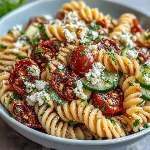 Fresh lemon vinaigrette pasta salad with cucumbers and cherry tomatoes, perfect for a light summer meal.  