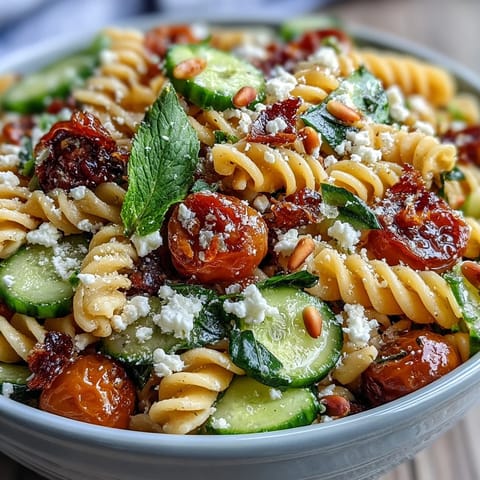 Vibrant pasta salad with crisp cucumbers, juicy cherry tomatoes, and zesty lemon dressing, ideal for picnics.  