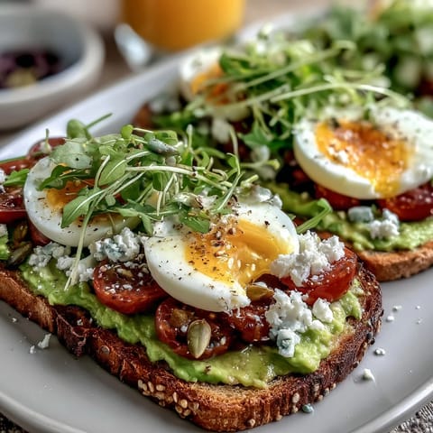 Avocado toast board with fresh toppings and colorful vegetables, perfect for a spring brunch spread.  