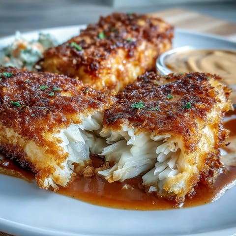 Crispy fried catfish fillets seasoned with Southern spices, served with zesty remoulade sauce on a rustic wooden platter.
