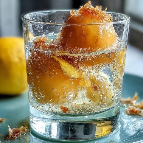 Refreshing Limoncello sorbet float with sparkling water, zesty lemon sorbet topped with bubbly citrus-infused soda, garnished with fresh mint.