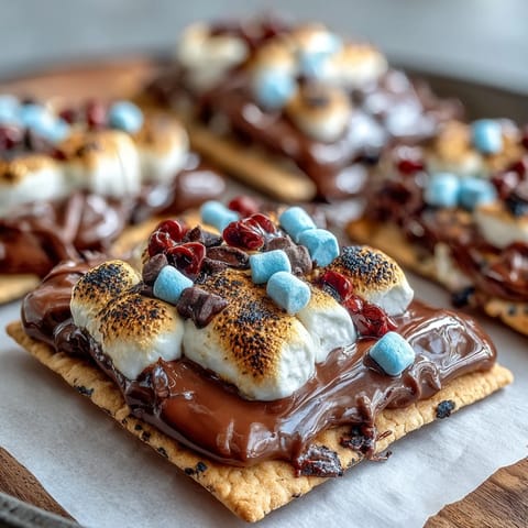 Gooey smores dip bubbling with melted chocolate and golden marshmallows in a cast iron skillet, ready for festive 4th of July dipping.
