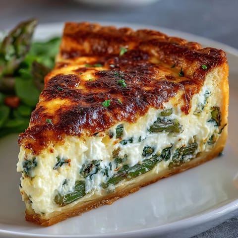 Elegant asparagus and Brie quiche with flaky crust, ideal for Mother's Day brunch or springtime gatherings.