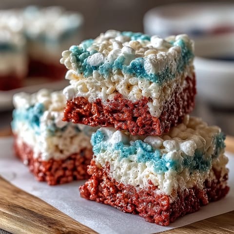 Patriotic Rice Krispies treats with red, white, and blue layers, perfect for Fourth of July celebrations and summer picnics.