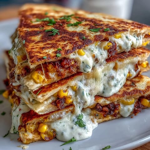 Cinco de Mayo Street Corn Quesadillas with Chipotle Crema, golden and gooey with charred corn and melty cheese.