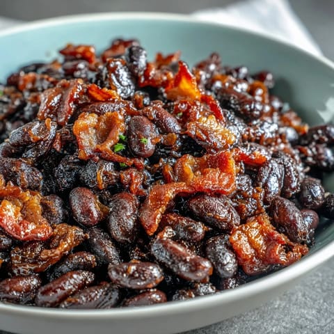 Hearty baked beans with brown sugar and bacon, bubbling in a smoky-sweet sauce with crispy bacon bits.  