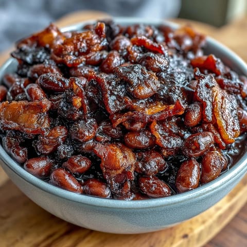 Close-up of tender navy beans coated in molasses-brown sugar glaze, topped with crunchy bacon crumbles.  