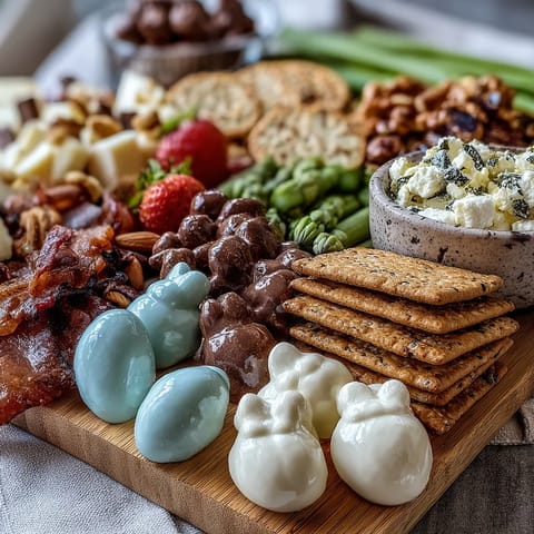 Festive Easter charcuterie board with mini baskets of cheeses, meats, and fruits for a colorful spring celebration.