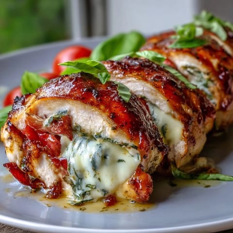 Caprese stuffed chicken breast with melted mozzarella, juicy tomatoes, and fresh basil, baked until golden and aromatic.