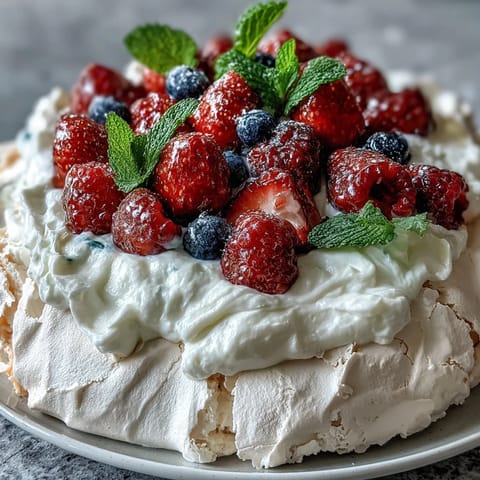 A stunning pavlova with fresh berries and cream, showcasing a crisp golden meringue topped with fluffy whipped cream and vibrant spring berries.