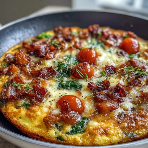 Savory One-Pan Ham and Swiss Frittata with tender spinach, juicy tomatoes, and melted Swiss cheese.