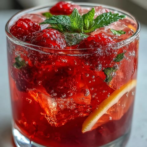 A refreshing raspberry lemon spritz mocktail with fresh berries and mint, served over ice with lemon slices.
