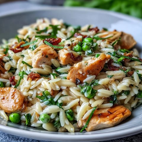 Creamy One-Pot Lemon Orzo with Chicken and Peas, a bright Mediterranean-inspired dinner in a single skillet.  