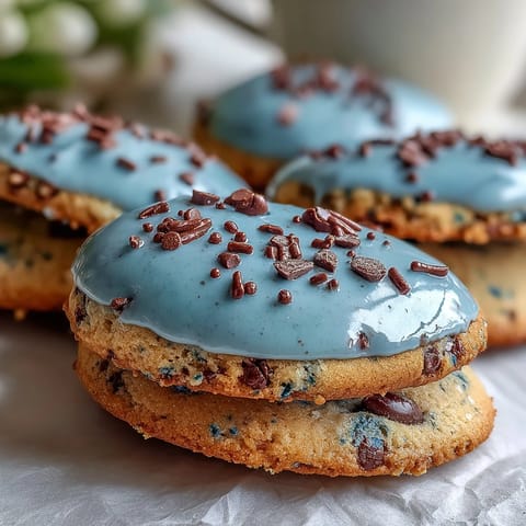 Beautiful spring cookies with robins egg blue icing and chocolate speckles, perfect for festive gatherings and seasonal celebrations.