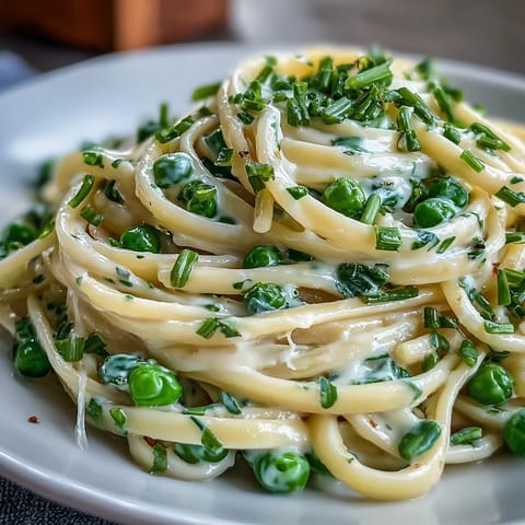Spring pasta with lemon cream sauce and peas, a vibrant vegetarian dish bursting with fresh flavors and tender green peas.