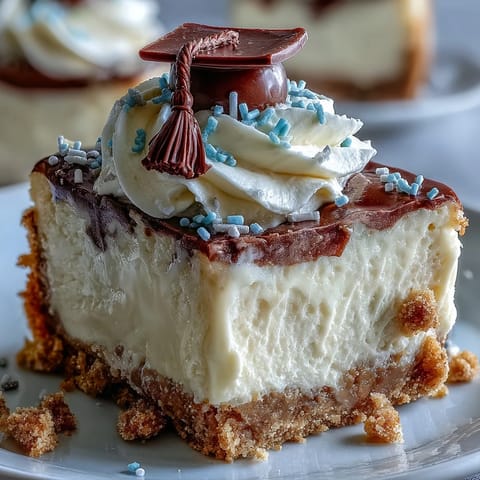 Festive graduation cheesecake bites topped with whipped cream and sprinkles, ready for a celebration.