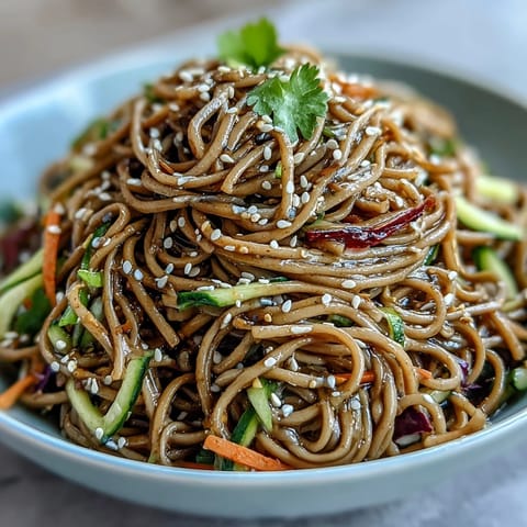 Cold soba noodle salad with sesame ginger dressing, featuring crisp julienned vegetables and a tangy, nutty sauce.