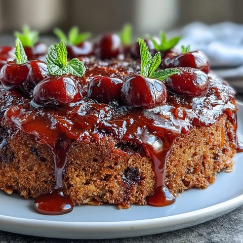 A golden cherry almond upside-down cake with caramelized fruit topping and moist almond-infused crumb.  