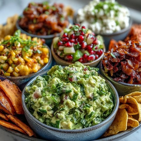 Colorful guacamole bar with a vibrant selection of five fresh, delicious toppings.