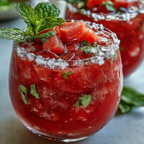 Close-up of vibrant Watermelon Mint Frosé, blended smooth with fresh mint garnish.