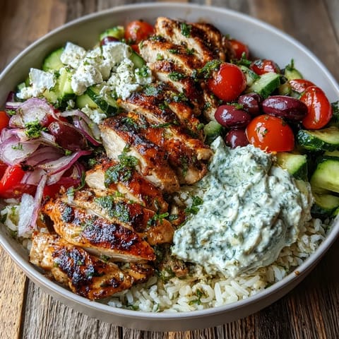 Beautifully plated Greek chicken bowls, a colorful Mediterranean feast with drizzled sauces.