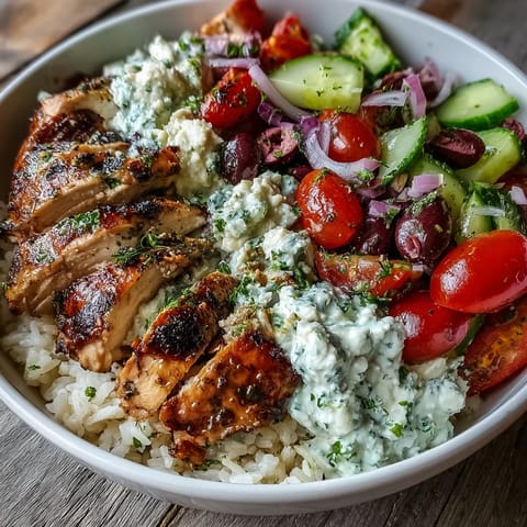 Juicy Greek chicken bowls piled high with fresh veggies, creamy tzatziki, and hummus.