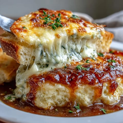 Classic French quick onion soup gratin with a golden crust, ready to enjoy.