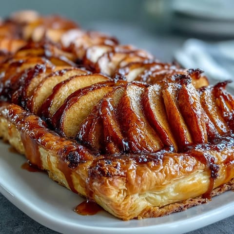 Tender cinnamon apple slices layered on flaky pastry of this Fast Apple Tart.