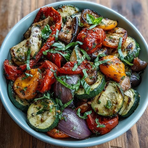Vibrant Easy Oven Ratatouille overflowing with tender roasted summer vegetables and fresh basil.