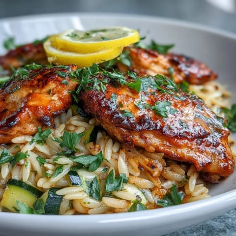 One-Pan Lemon Chicken and Zucchini Orzo, golden chicken and bright zucchini in a zesty pan.