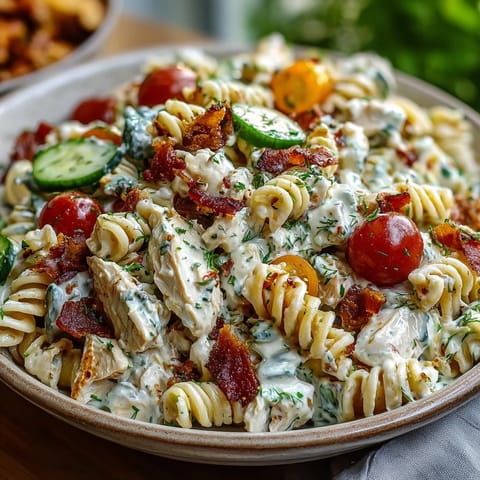 Creamy Chicken Bacon Ranch Pasta Salad with colorful veggies and crispy bacon.