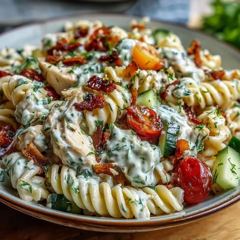 Hearty cold pasta salad, loaded with chicken, bacon, and creamy ranch dressing.