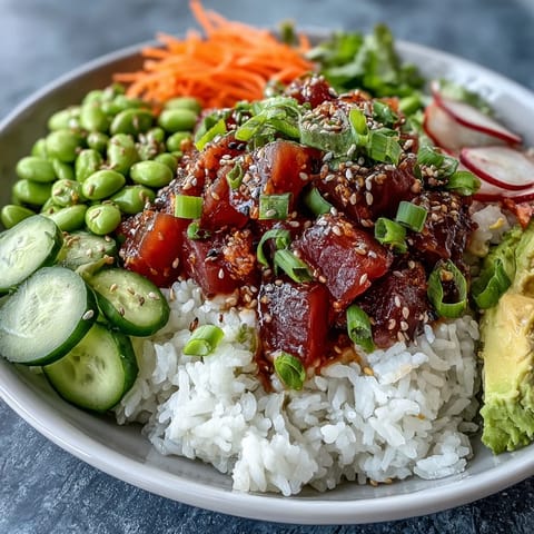 Fresh canned tuna poke bowl with colorful vegetables and zesty dressing.