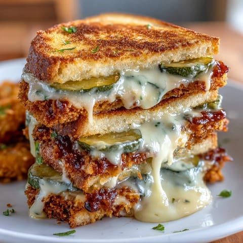 Golden fried pickle grilled cheese bursting with tangy crunch and melted cheddar.