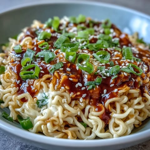 Spicy Creamy Corn Buldak Ramen glistening with sauce, ready to be devoured.