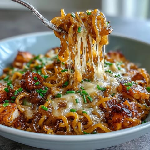 Golden French Onion Buldak Noodles with melted Gruyère cheese, ready to eat.