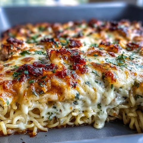 Spicy Carbonara Buldak Ramen Bake with bubbly cheese topping.