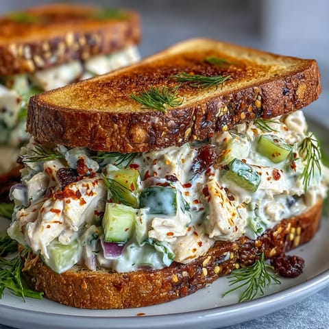 Spicy Pickle Chicken Salad Toasts recipe photo with fresh dill garnish.