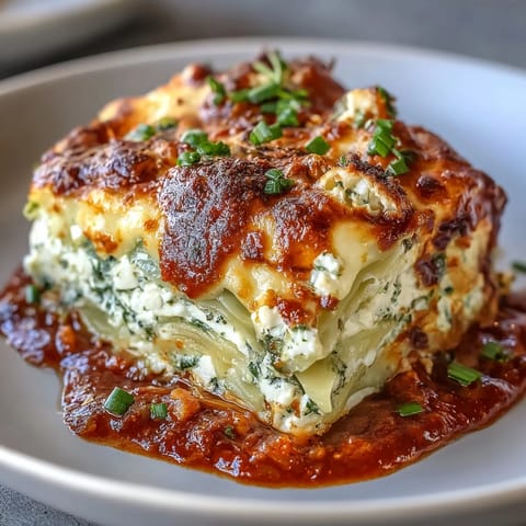Golden brown Cabbage Dumpling Lasagna baked to bubbly perfection.
