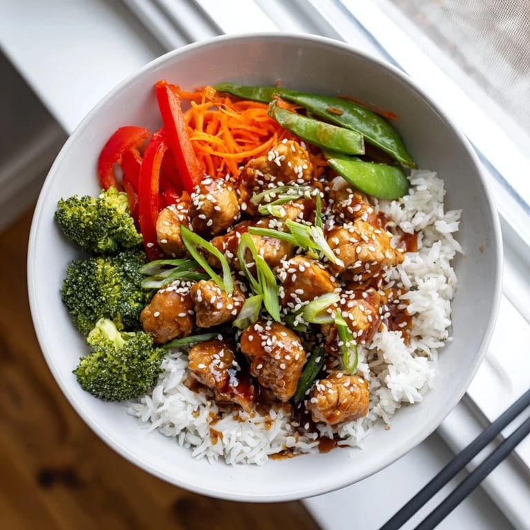 Appetizing Teriyaki Chicken Bowl with broccoli, carrots, and bell peppers, drizzled with sweet and savory sauce.