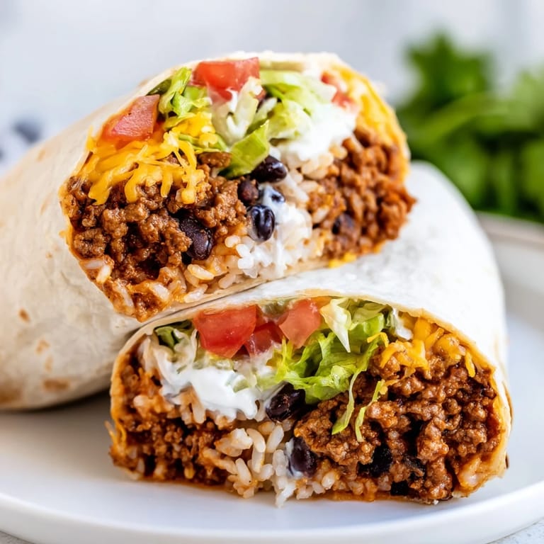 Freshly prepared Beef Burrito served on a plate with a side of sour cream and colorful garnishes.